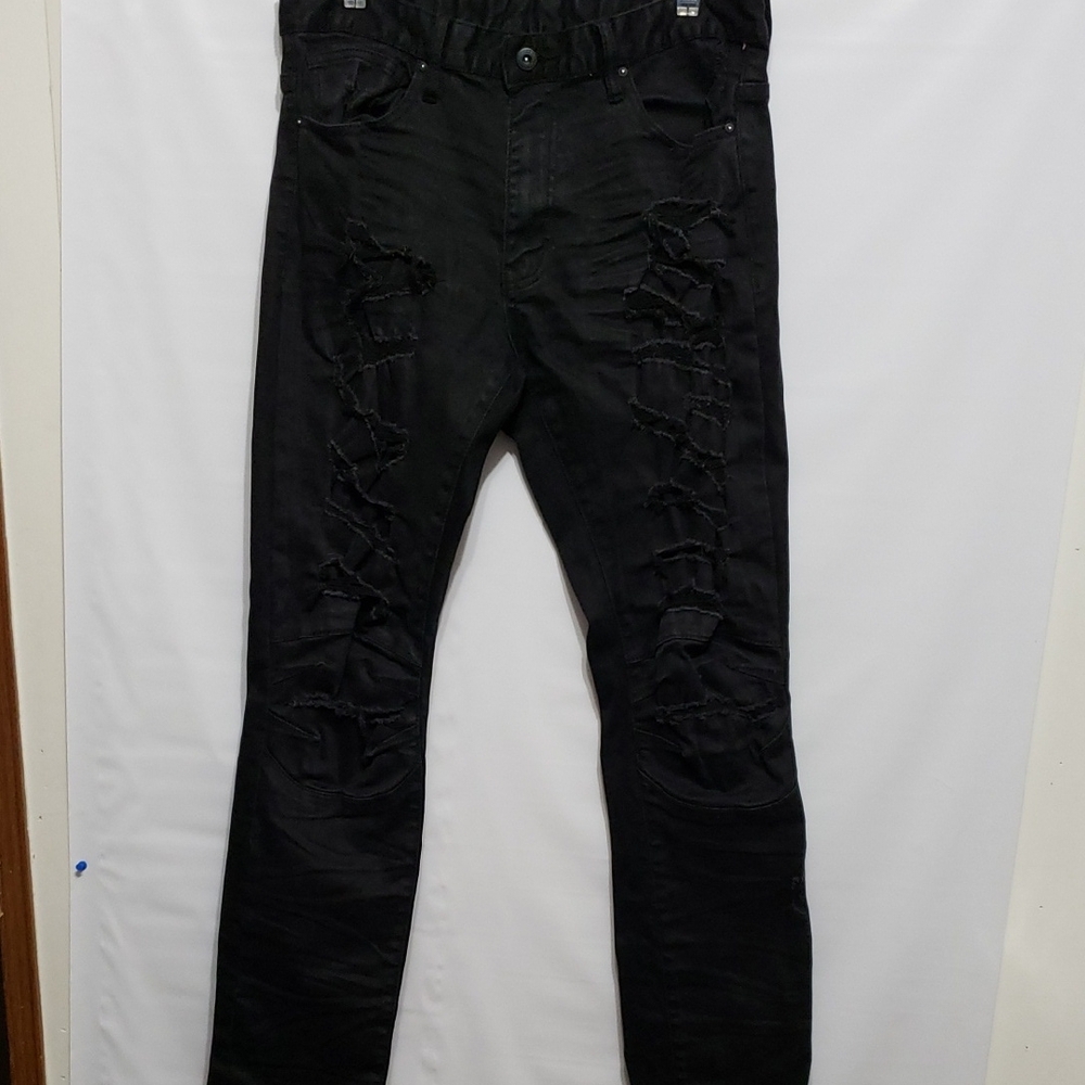 SMOKE RISE‎ Slim Fit Tapeted Leg Men's Black Distressed Jeans 34/32